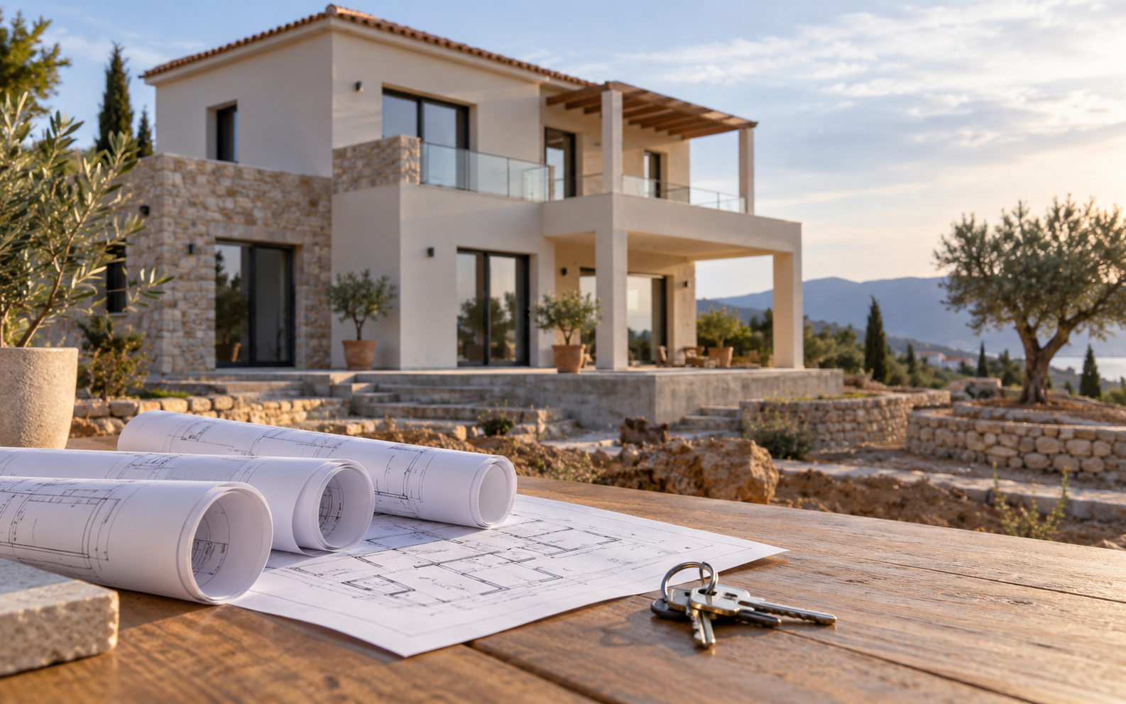 Σύγχρονη κατοικία με αρχιτεκτονικά σχέδια και κλειδιά.